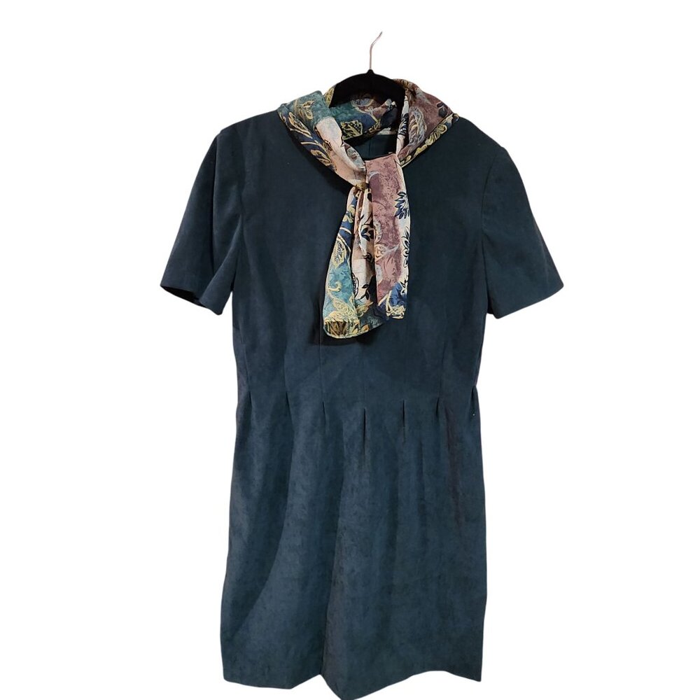 Vintage Halmode Petites Teal Short Sleeve Dress & Floral Scarf Polyester Blend S